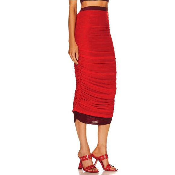 NEW SIMON MILLER REVOLVE RED RUCHED MIDI SKIRT - Picture 4 of 10